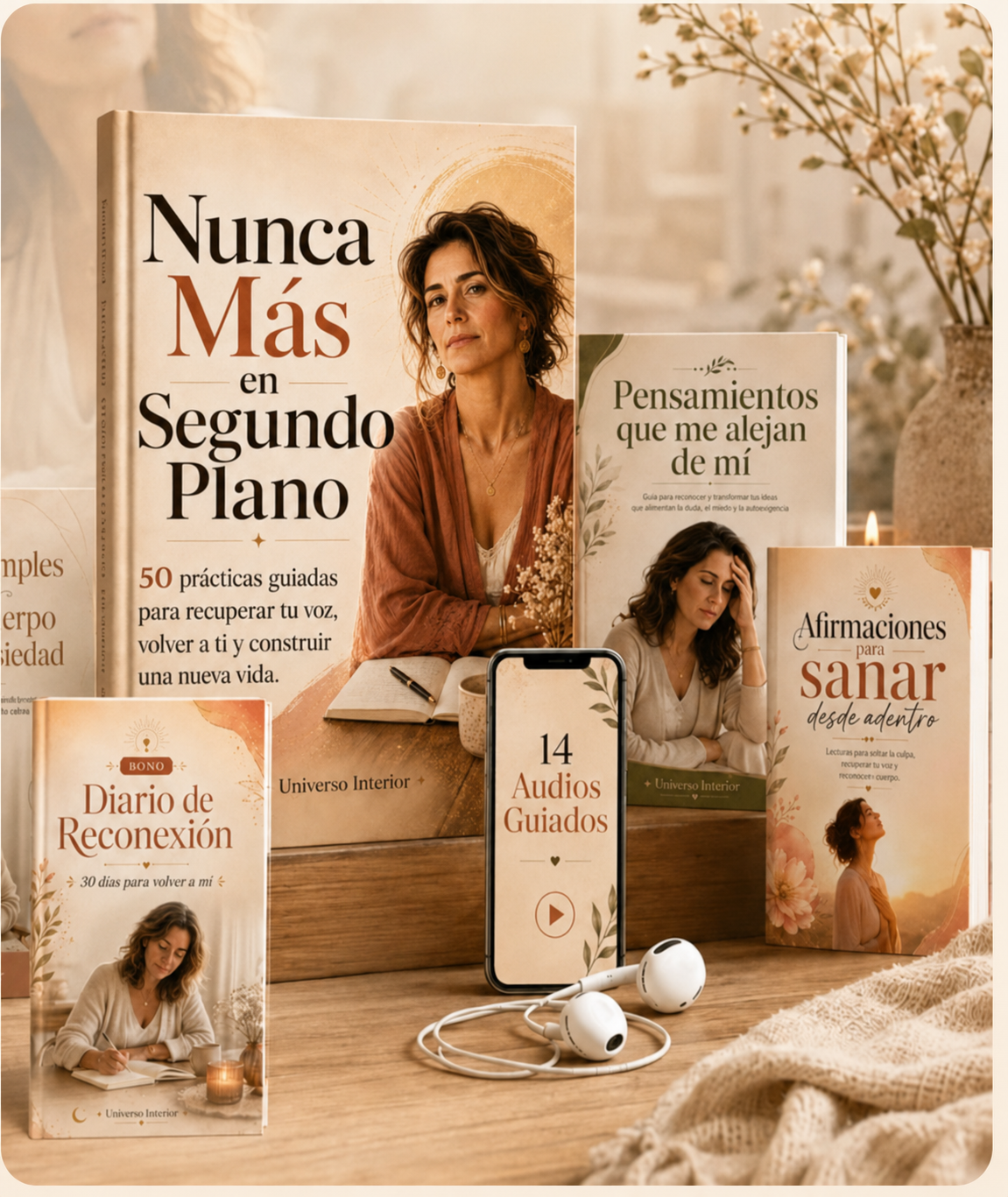 Pack Nunca Más en Segundo Plano: libro principal, diario de reconexión, audios guiados y afirmaciones para sanar desde adentro